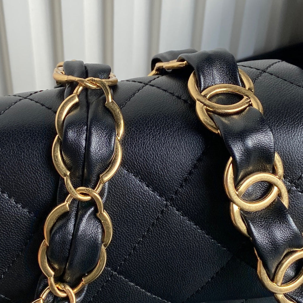 CC 24K Mini Flap Bag 24cm Black Lambskin Gold Hardware