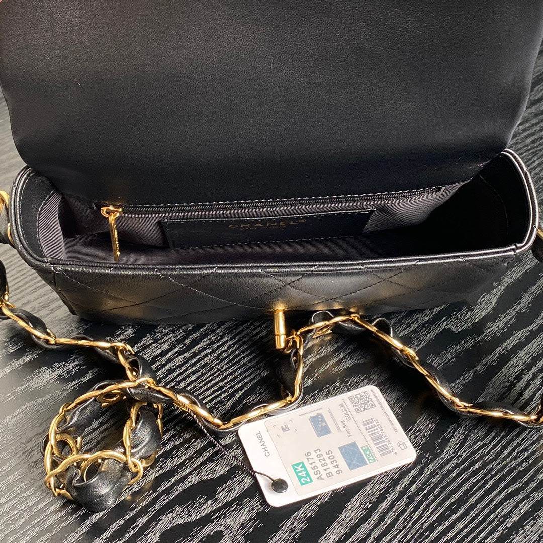 CC 24K Mini Flap Bag 24cm Black Lambskin Gold Hardware