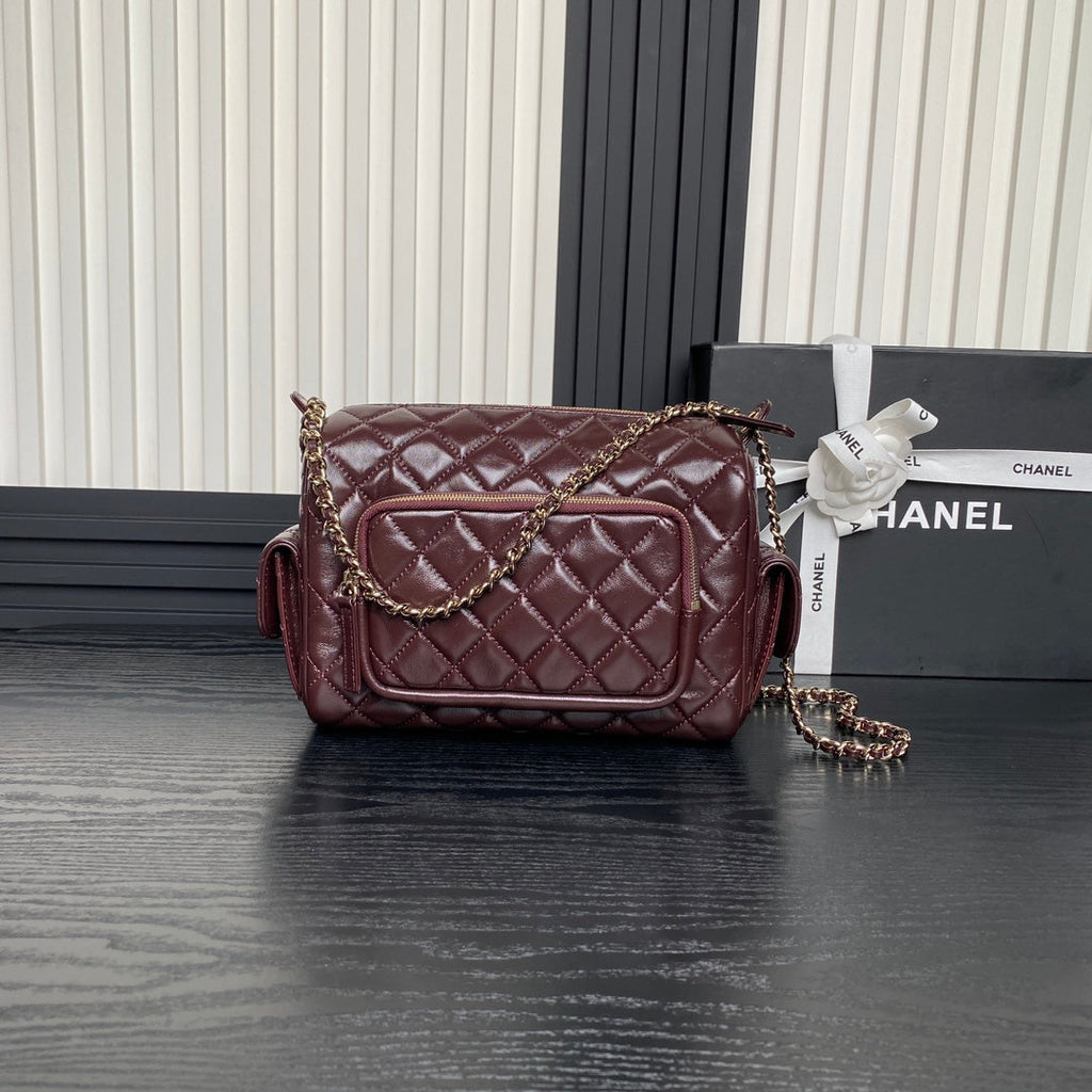 24K Camera Bag Burgundy Calfskin Gold Hardware