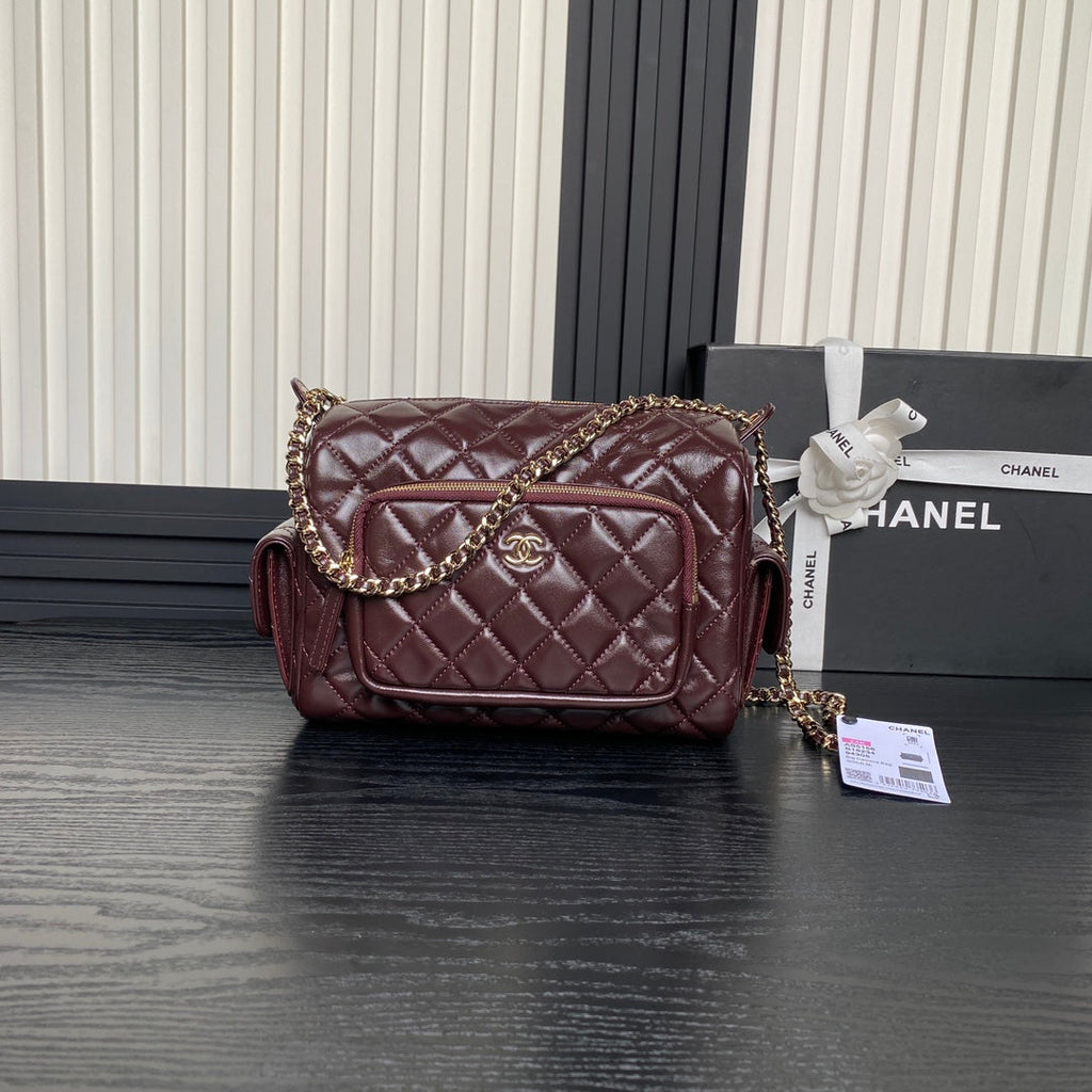 24K Camera Bag Burgundy Calfskin Gold Hardware