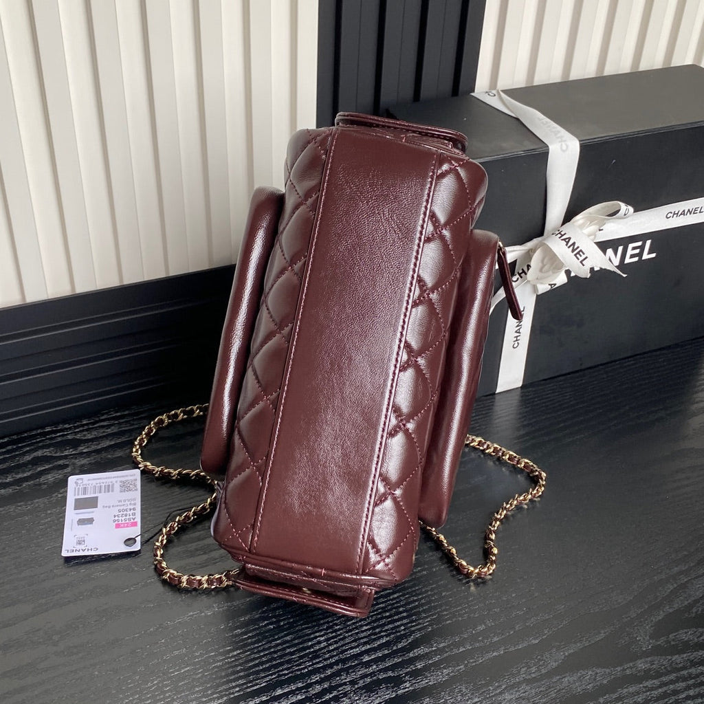 24K Camera Bag Burgundy Calfskin Gold Hardware
