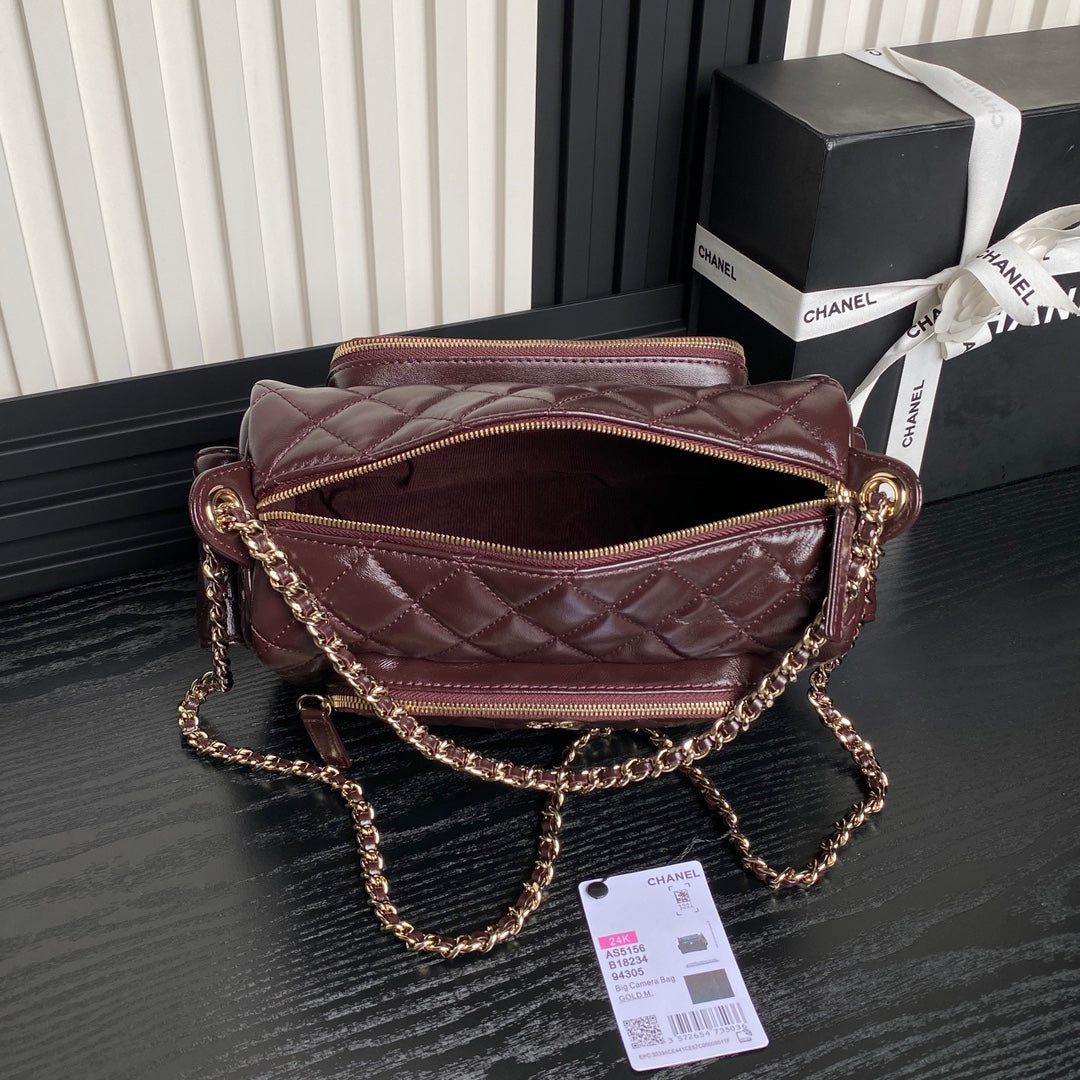 24K Camera Bag Burgundy Calfskin Gold Hardware
