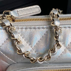 CC 25C Clutch With Strap 21cm Silver Metalic Calfskin