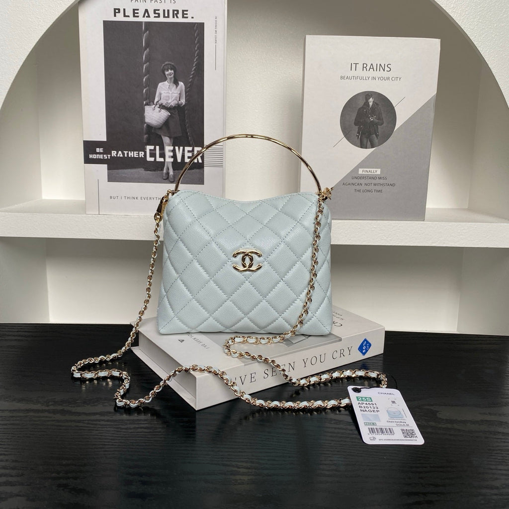 CC Coco Crush Handle Lunch Bag Light Blue Caviar Leather