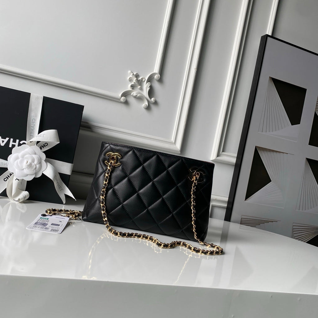 Chanel 2026 Small Shopping Tote Bag Black 24.5cm Black Lambskin 348256