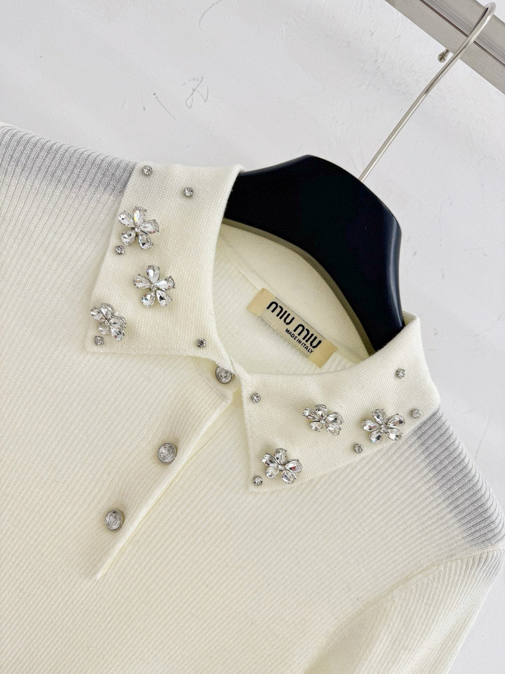Miumiu 2025  Beaded Collar Long-Sleeve Knit Sweate Wool