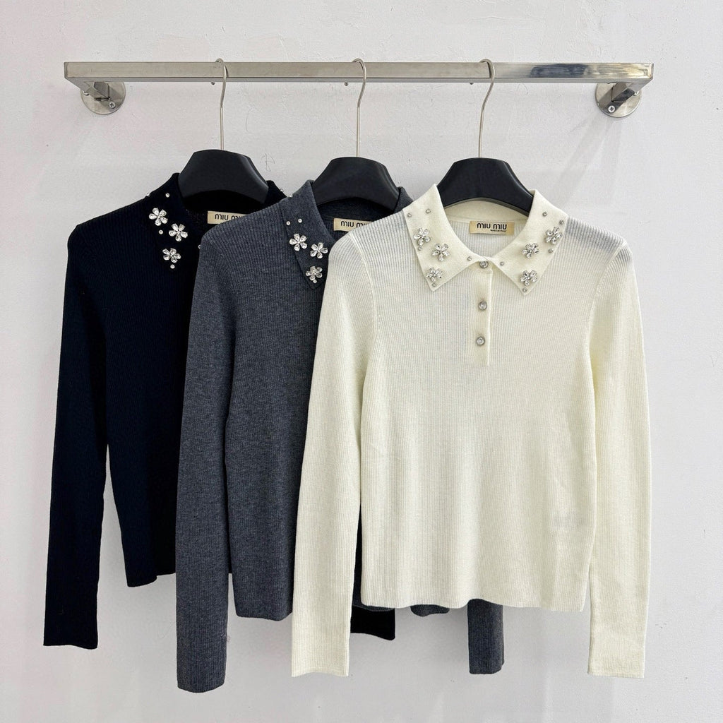 Miumiu 2025  Beaded Collar Long-Sleeve Knit Sweate Wool