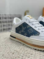 LV TRAINERS IN WHITE CALFSKIN AND BLUE DENIM JACQUARD