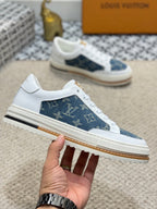 LV TRAINERS IN WHITE CALFSKIN AND BLUE DENIM JACQUARD