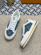 LV TRAINERS IN WHITE CALFSKIN AND BLUE DENIM JACQUARD