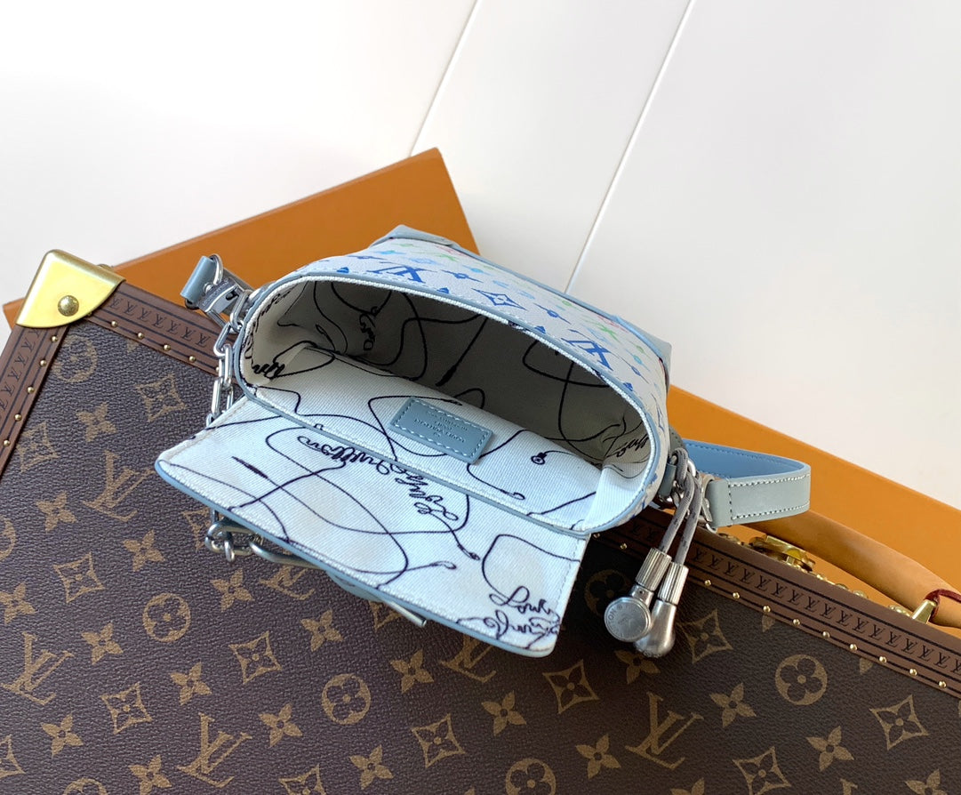 LV M13905 Nano Steamer Bag 15cm Solf Blue White Monogram Silver HW