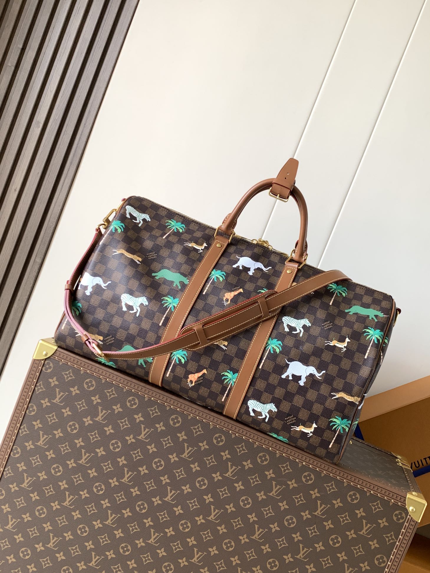 LV Keepall Bandoulière 50 Brown Animal Printed Monogram Canvas