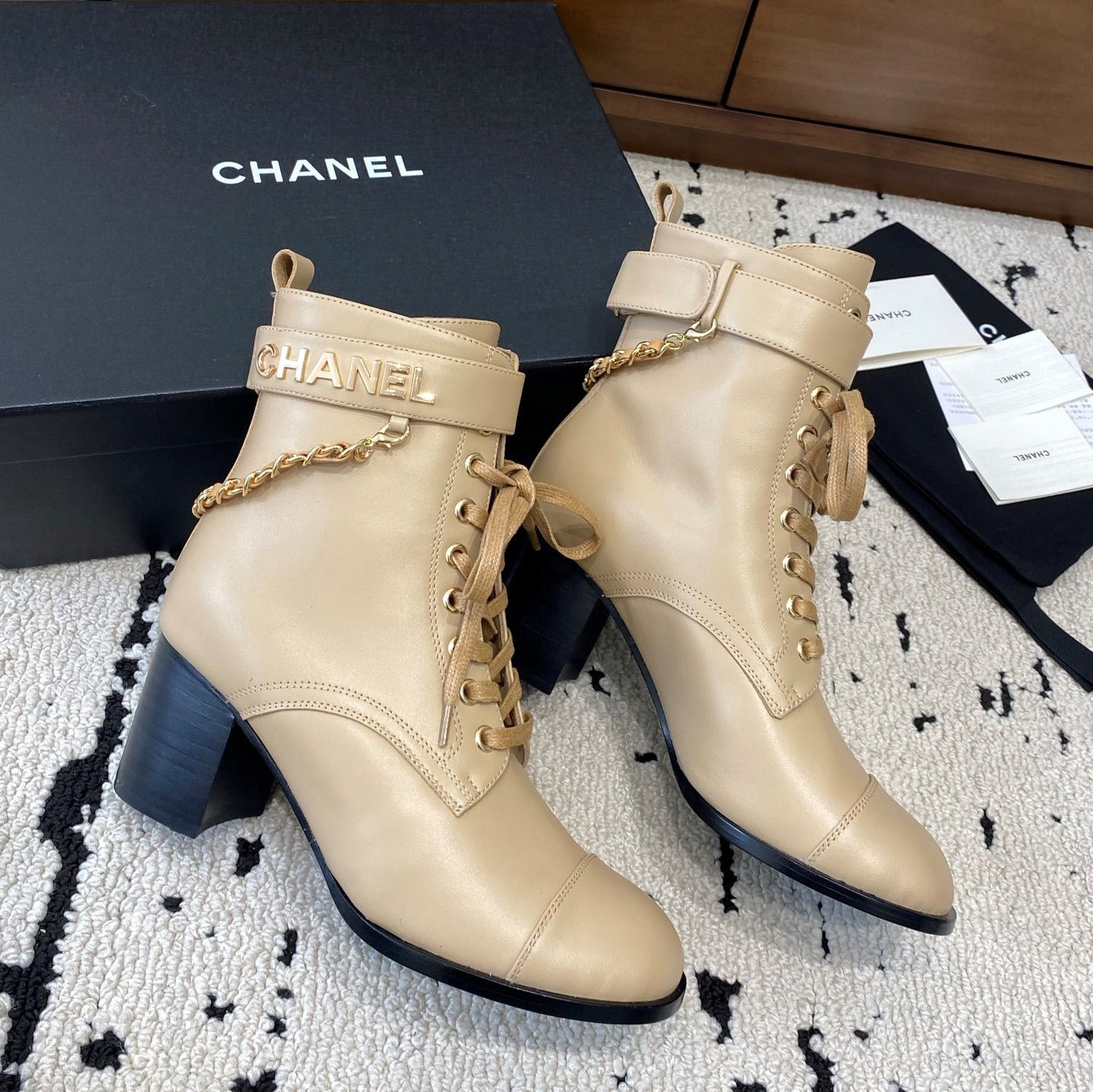 CC Ankle Boots 50mm With Chain Strap Beige Calfskin 529291