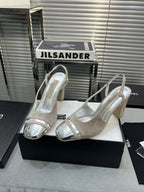 slingback grey suede silver metalic lambskin square toe 9.5