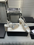 slingback grey suede silver metalic lambskin square toe 9.5