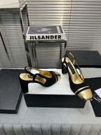 slingback black suede gold metalic lambskin square toe 9.5