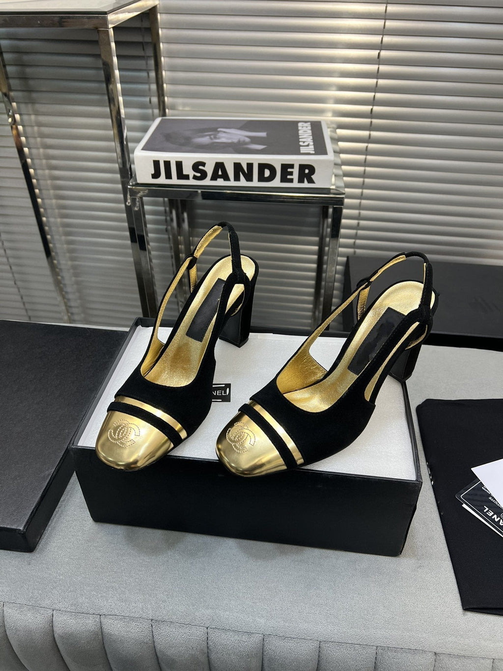 slingback black suede gold metalic lambskin square toe 9.5