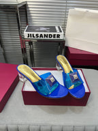 Heeled Sandals 6cm with Crystal Square Buckle Gold and Blue