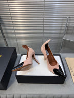 ALAIA HIGH PUMPS 10CM IN ALMOND BEIGE SUEDE MIX BLACK CALFSKIN
