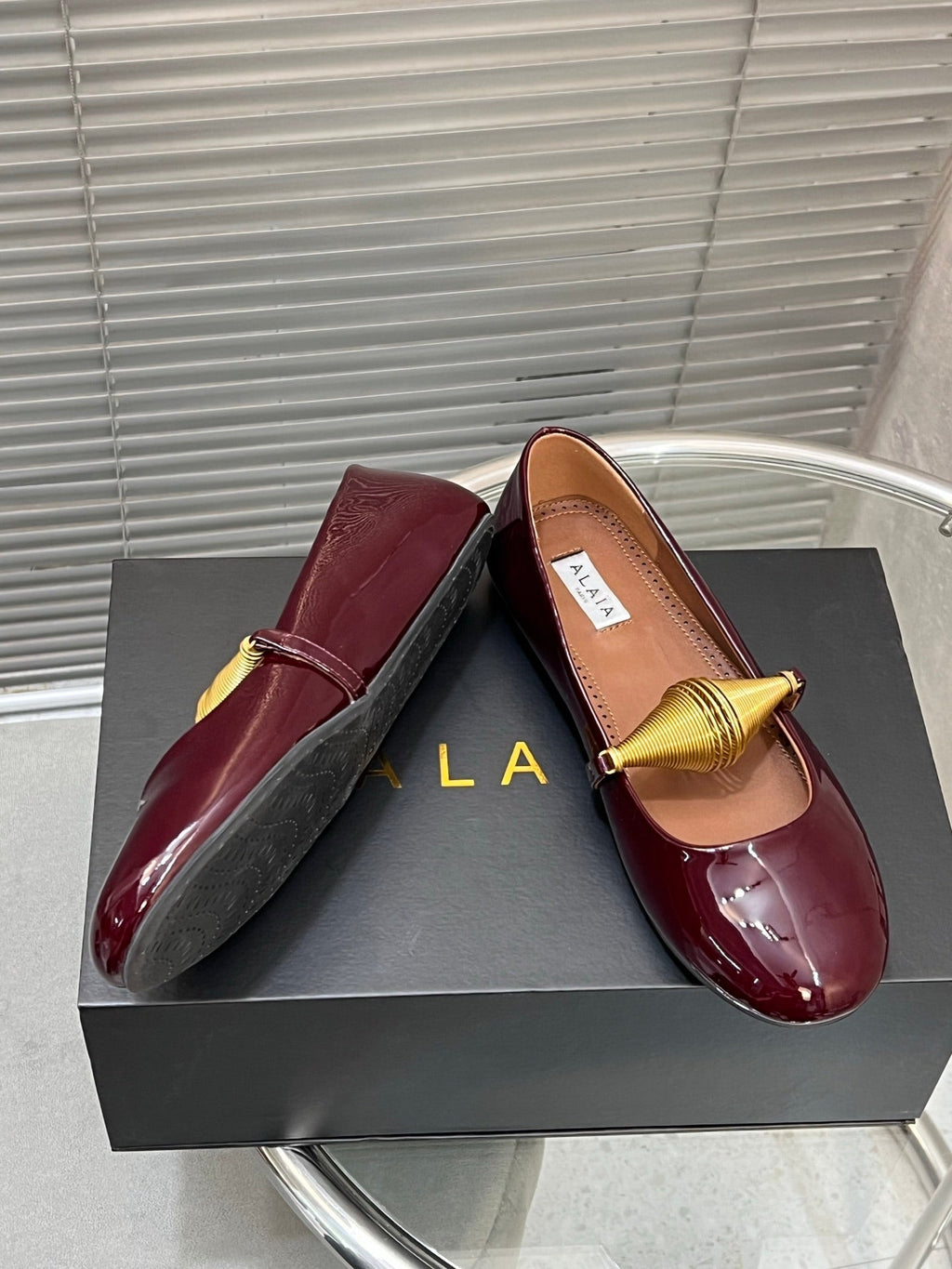 Alaia 25 Jewel Patent Leather Ballet Flats Ruby Red Lambskin 300013