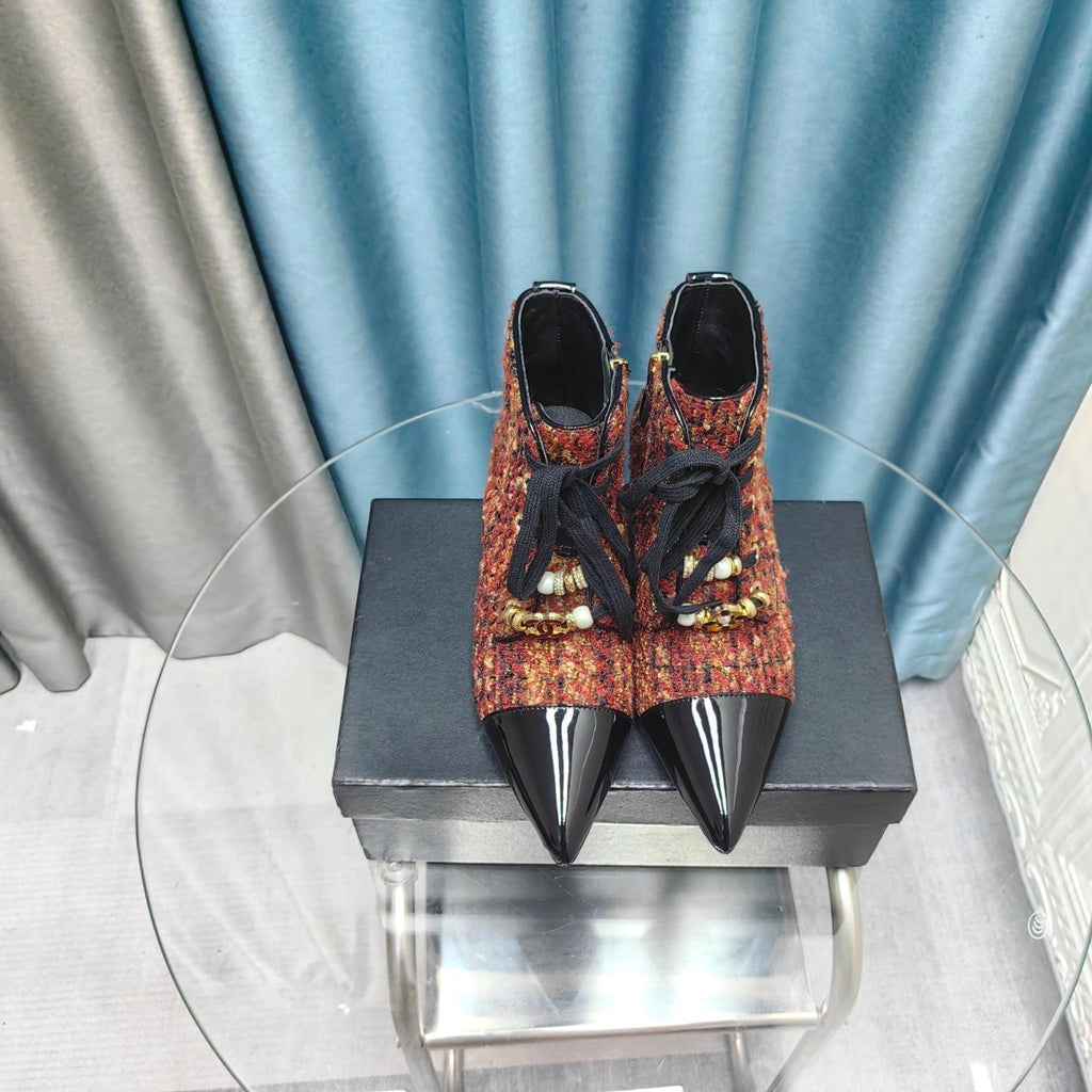 CC Ankle Boots Red Orange Tweed Fabric And Lambskin