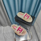 CC Slippers Beige Pink Text Fleece Wool