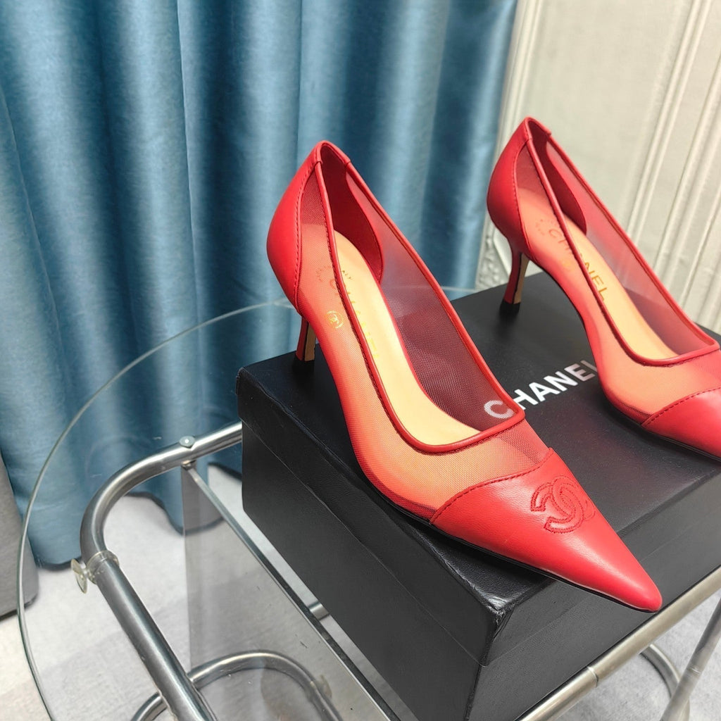 CC Pumps 50 Red Mesh Leather Pointed Toe