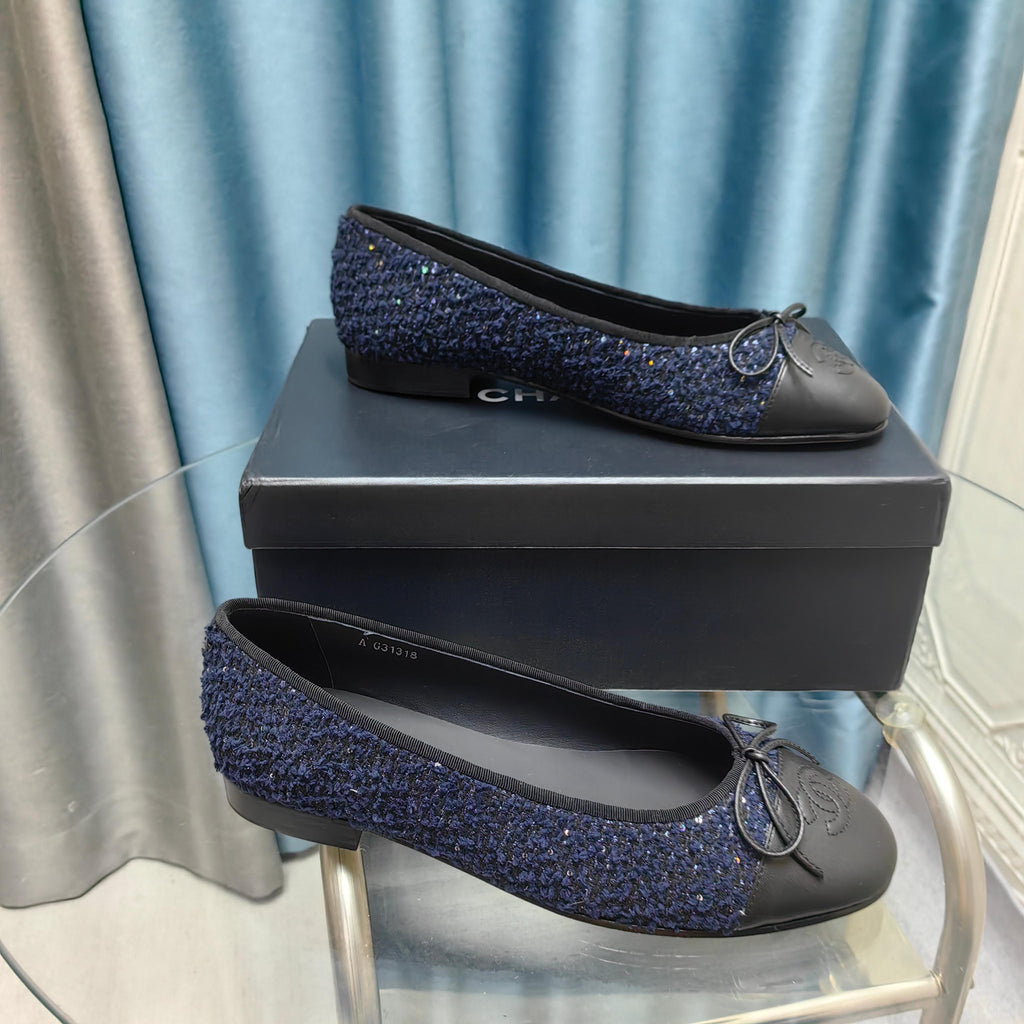 CC 25P Ballet Flat Dark Blue Tweed Black Calfskin