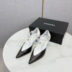CC T-Strap Kitten Heels White Black Sheepskin 619976