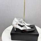 CC T-Strap Kitten Heels White Black Sheepskin 619976