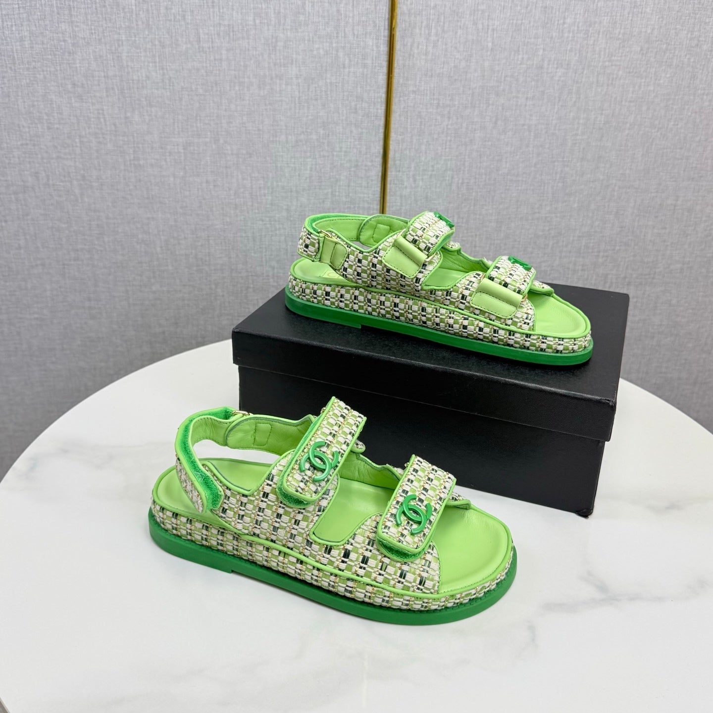 CC Dad Sandal Green Cream Tweed Sheepskin 620120