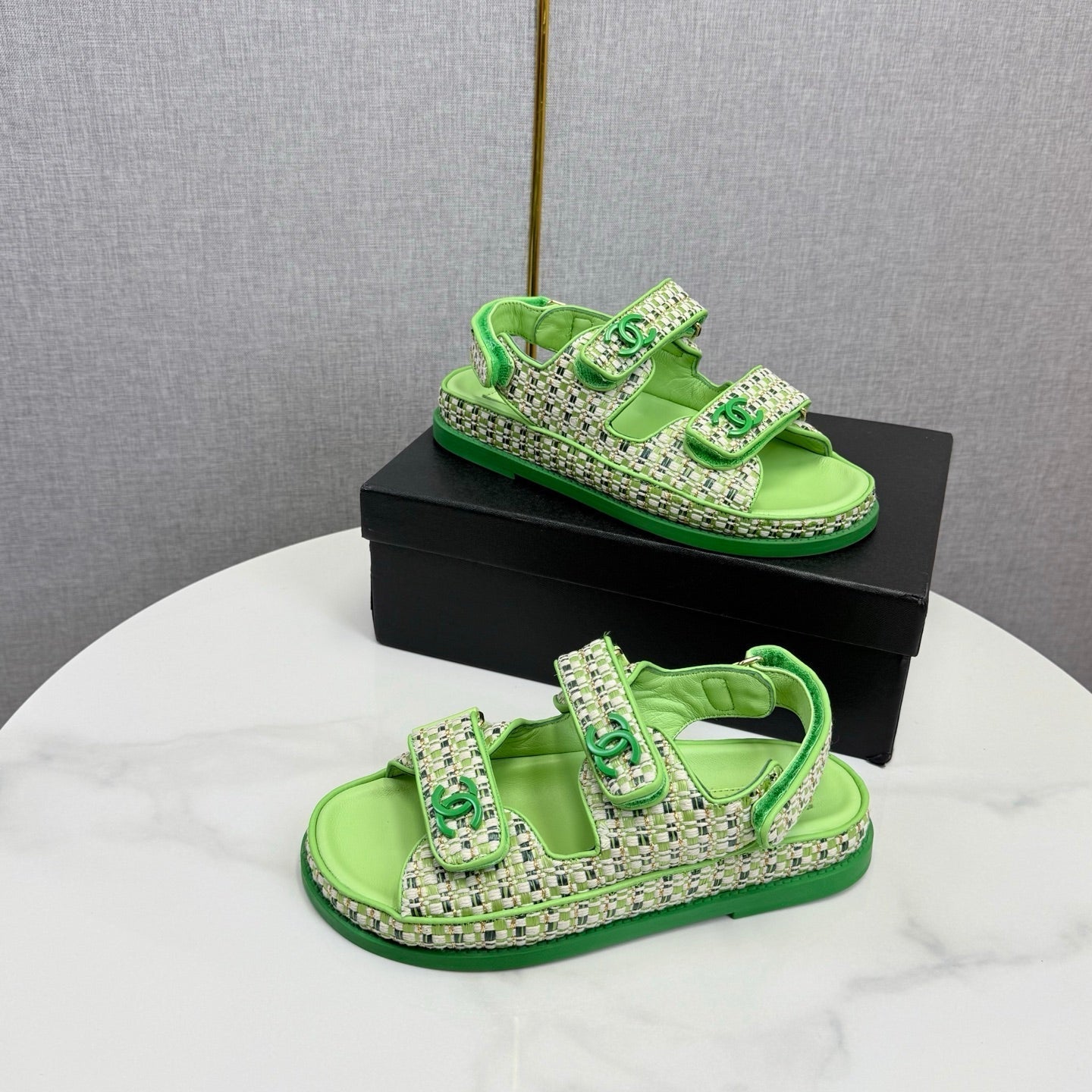 CC Dad Sandal Green Cream Tweed Sheepskin 620120