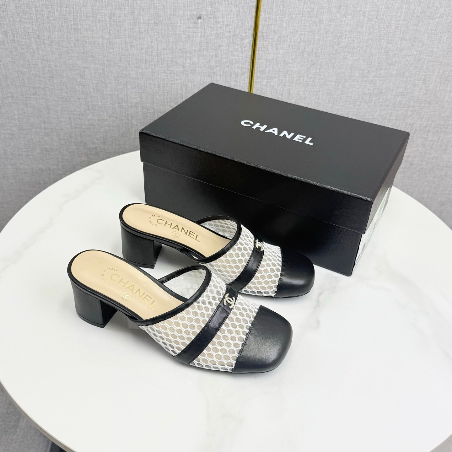 CC 26s Sandal 4.5cm Black Beige Mesh Sheepskin 639824