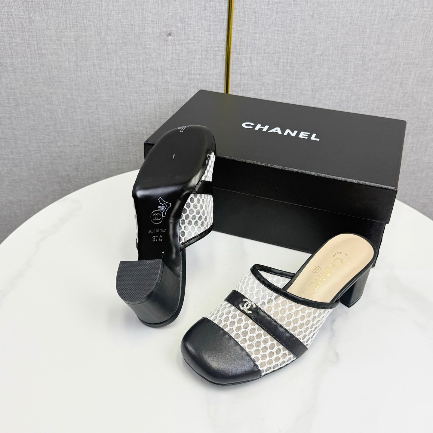 CC 26s Sandal 4.5cm Black Beige Mesh Sheepskin 639824