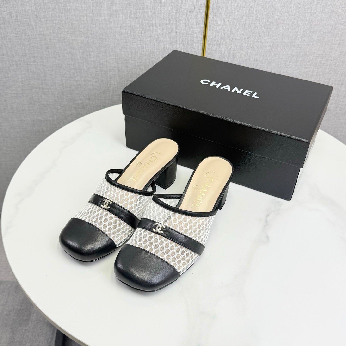 CC 26s Sandal 4.5cm Black Beige Mesh Sheepskin 639824