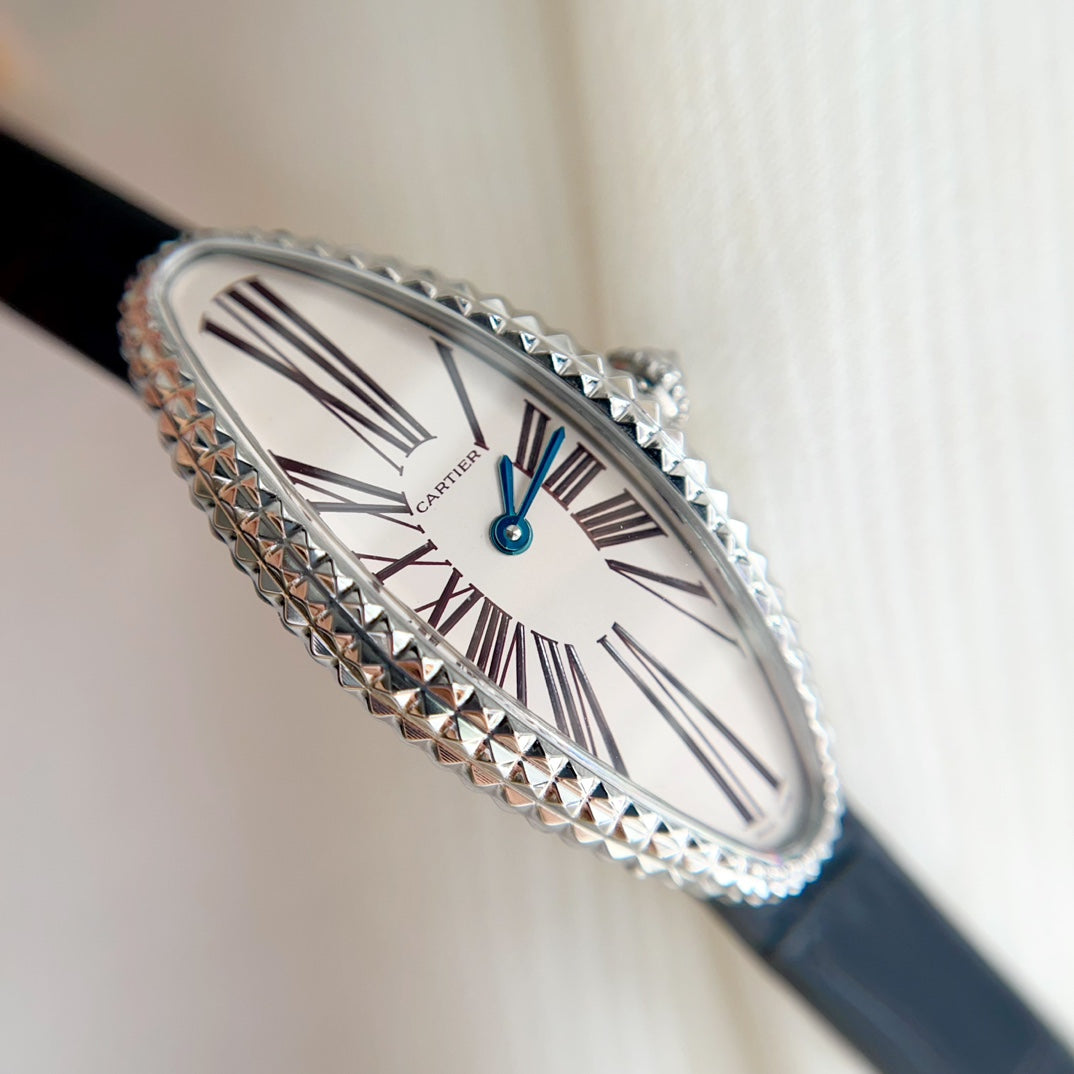 Baignoire 21mm Silver Diamond Case Black Leather