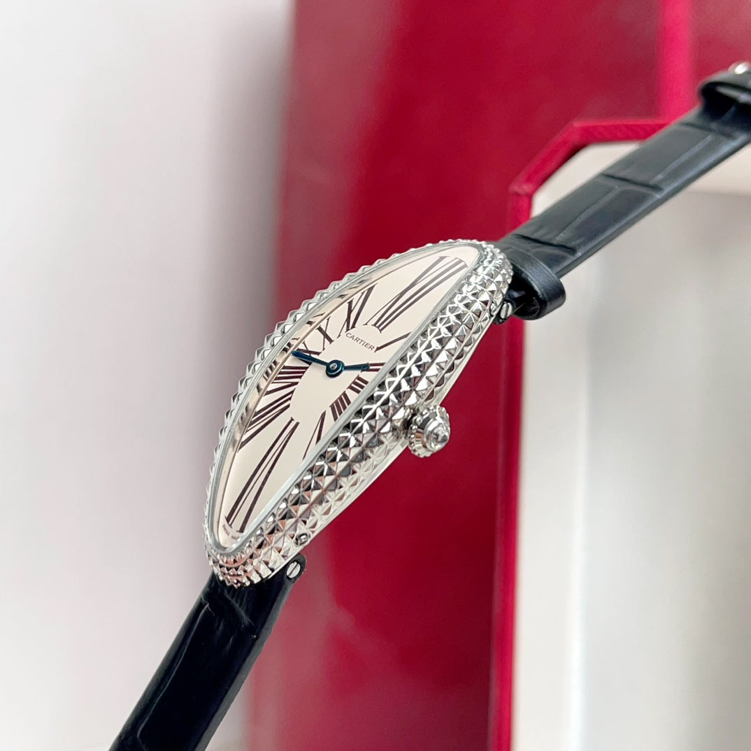 Baignoire 21mm Silver Diamond Case Black Leather
