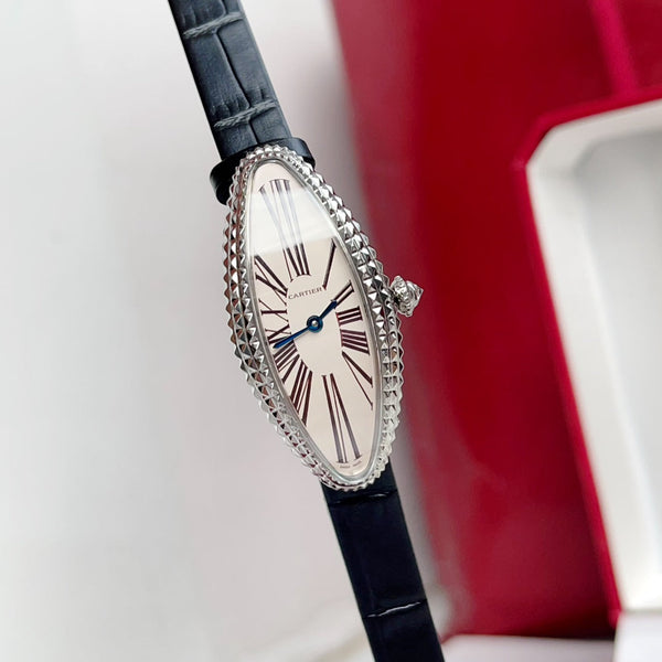 Baignoire 21mm Silver Diamond Case Black Leather