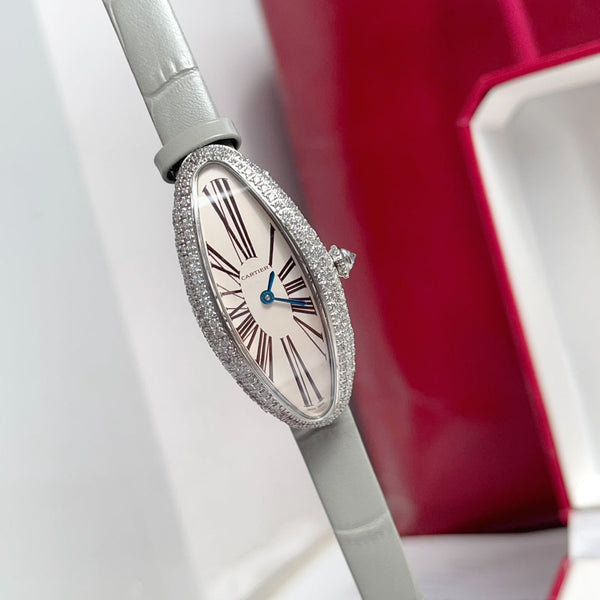 Baignoire 21mm Silver Diamond Case Grey Leather