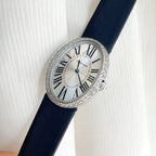 Baignoire 28mm Silver Diamond Case Black Silk Leather
