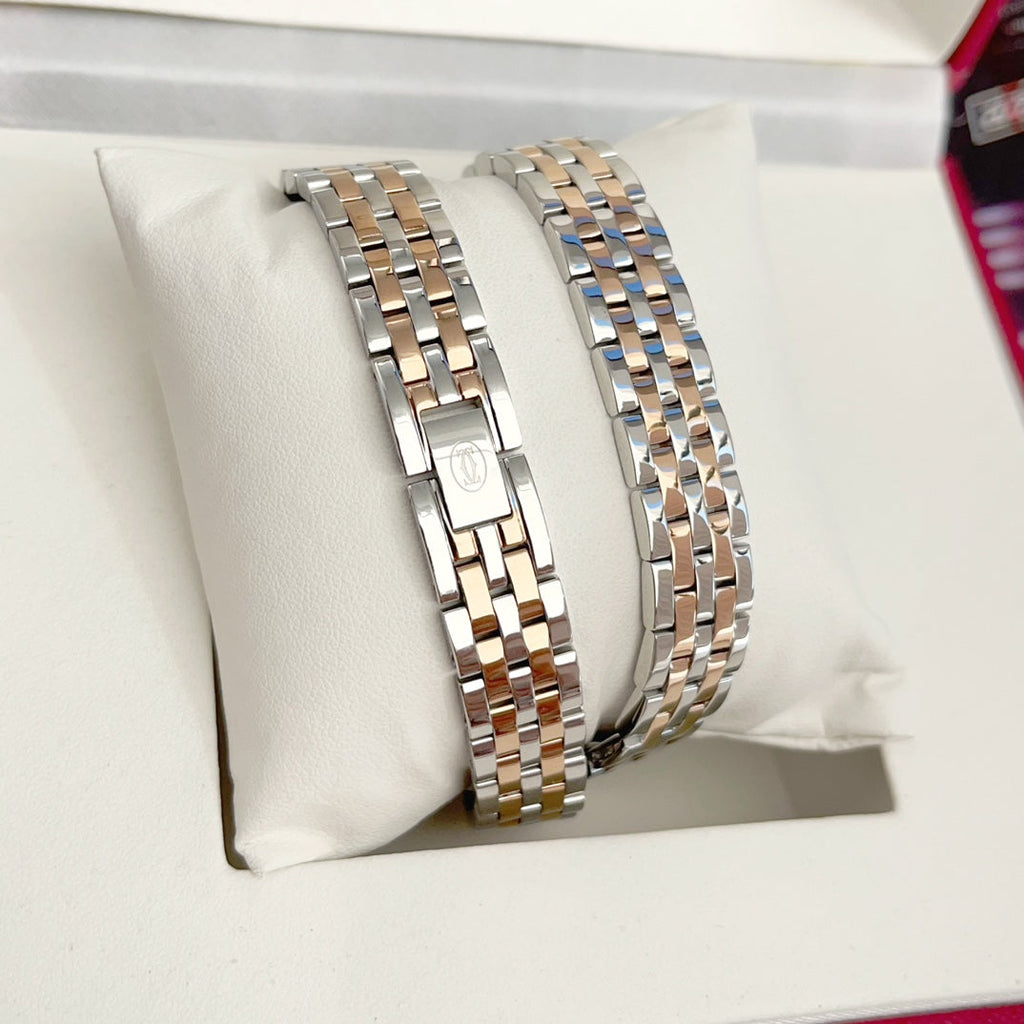 Panthere 22mm Pink Gold Silver Diamond Bezel Double Chain 44cm