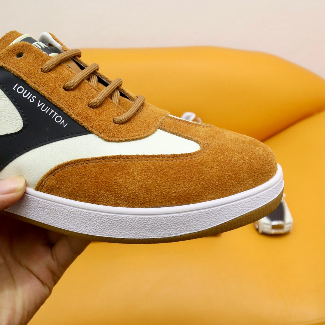 LV TRAINERS IN AMBER YELLOW SUEDE AND WHITE MIX BLACK CALFSKIN