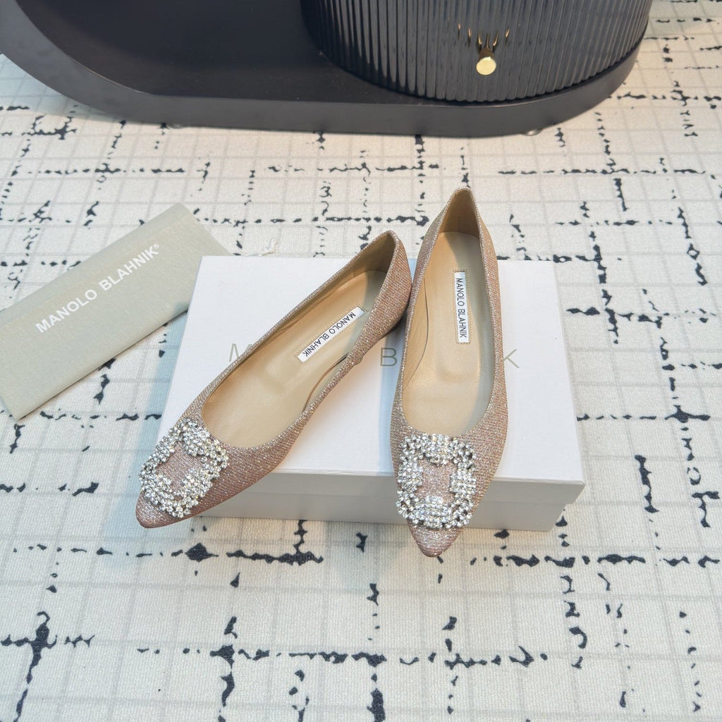 Hangisi 20 Ballet Flat Beige Glitter Fabric Leather Jewel Buckle 912605