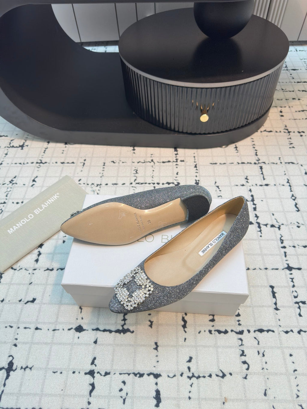 Hangisi 20 Ballet Flat Silver Glitter Fabric Leather Jewel Buckle 912607