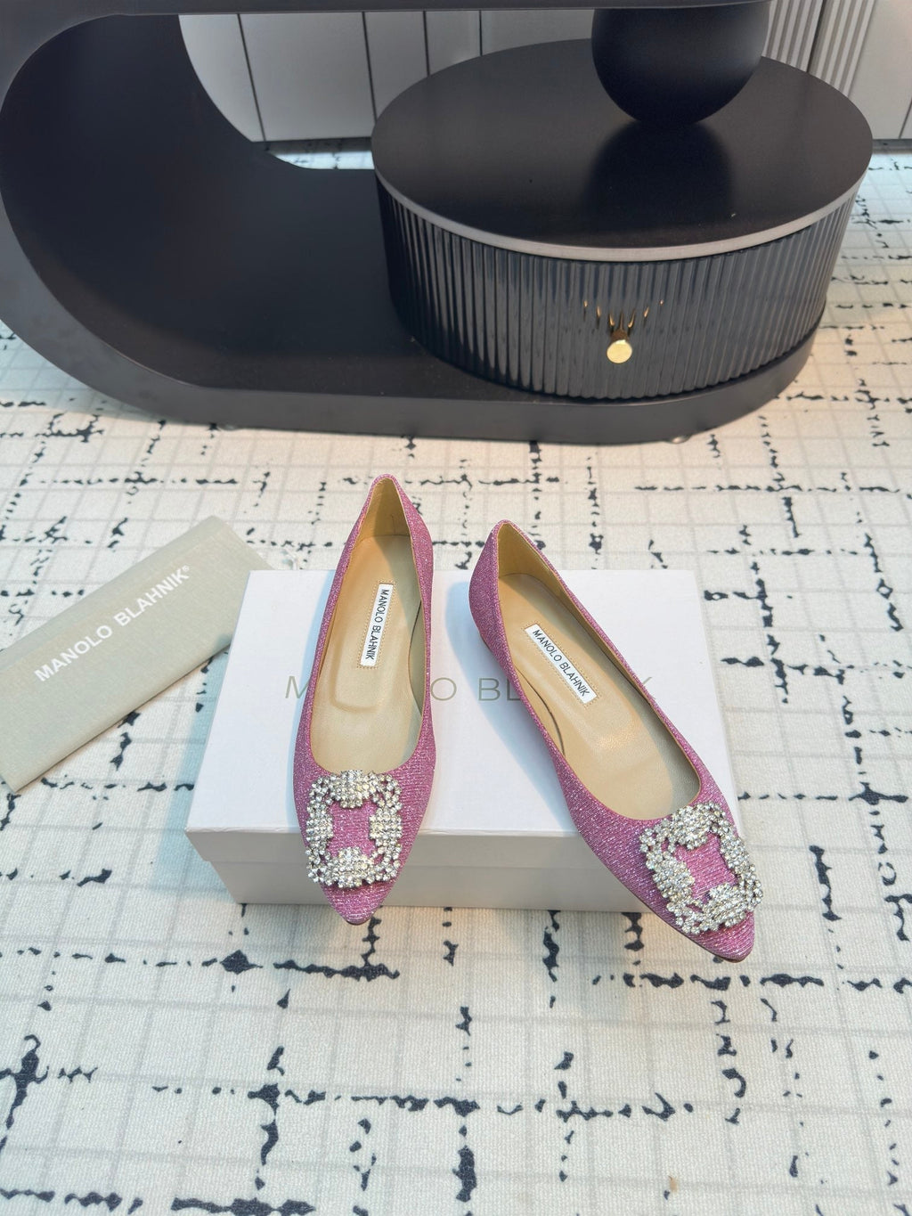 Hangisi 20 Ballet Flat Pink Glitter Fabric Leather Jewel Buckle 912609