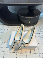 Hangisi 100 Beige Linen with Black Leather Jewel Buckle Pumps 161069