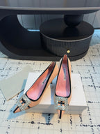 Hangisi 100 Pink Linen with Black Leather Jewel Buckle Pumps 161071