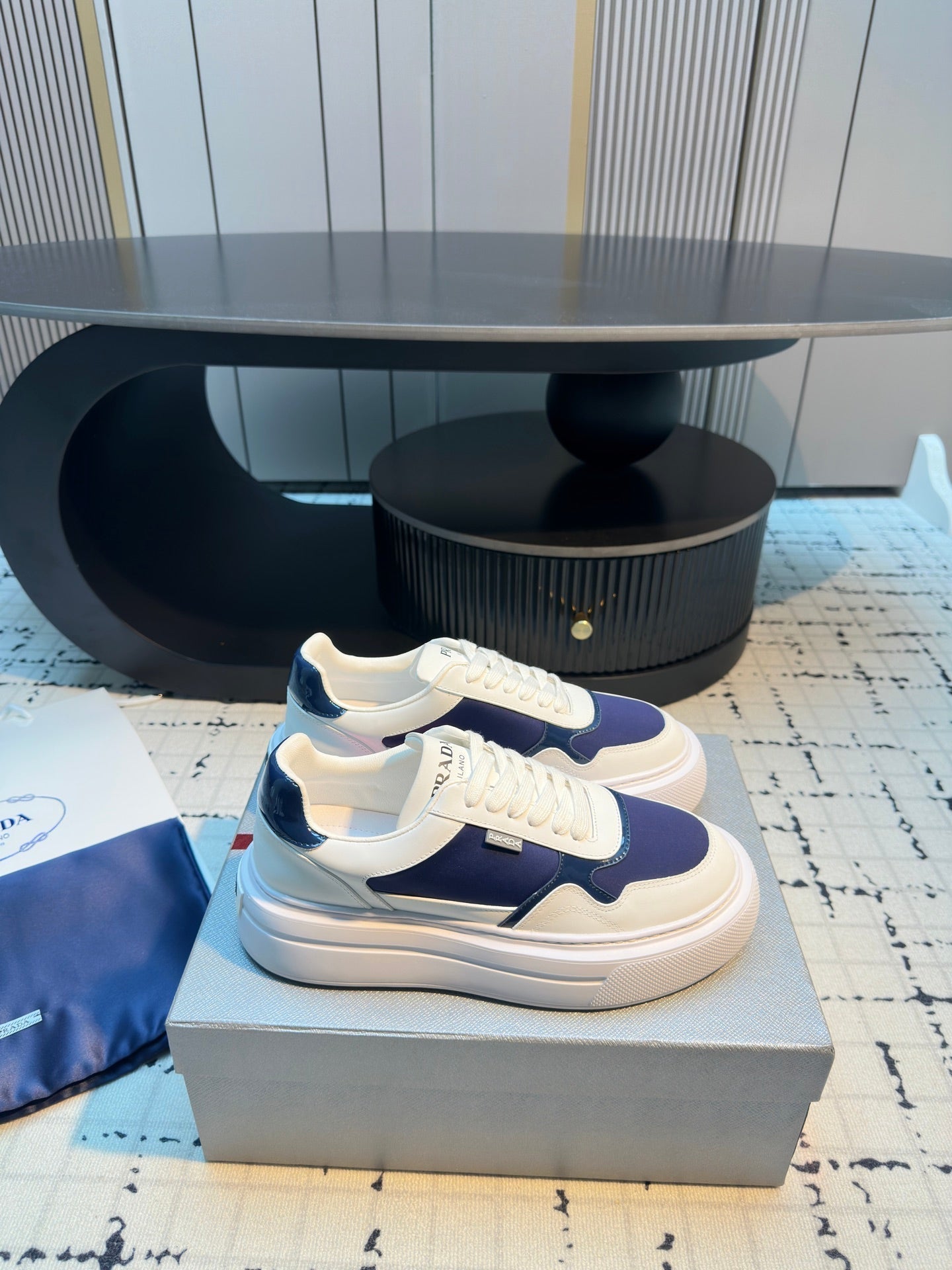 Prada 25s Platform Sneakers White Blue Cowhide 538420