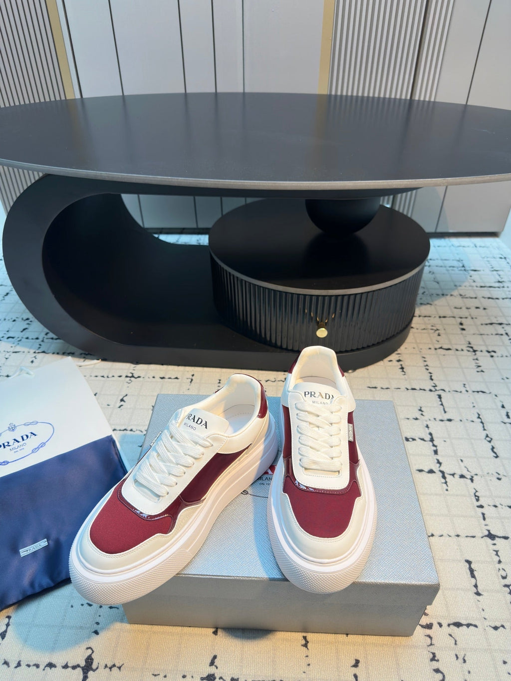 Prada 25s Platform Sneakers White Red Cowhide 538422