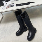 CC Classic Knee High Boots Quited Black Sheepskin Patent Leather 529337